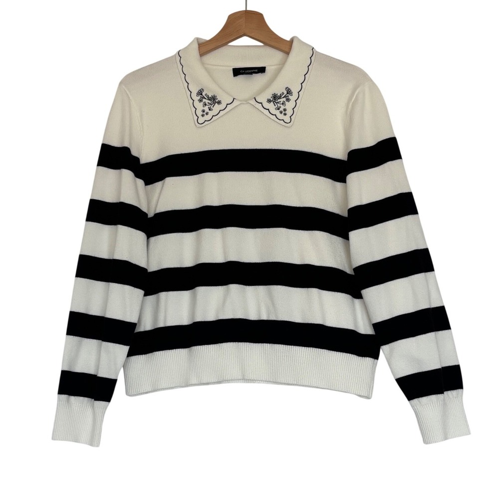 Calligraphie Embroidered Collar Striped Colorblock Sweater XL Ivory Black Preppy